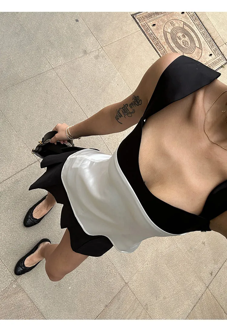 Solly French Black & White Paneled Satin Wide Shoulder Strap Slip Top