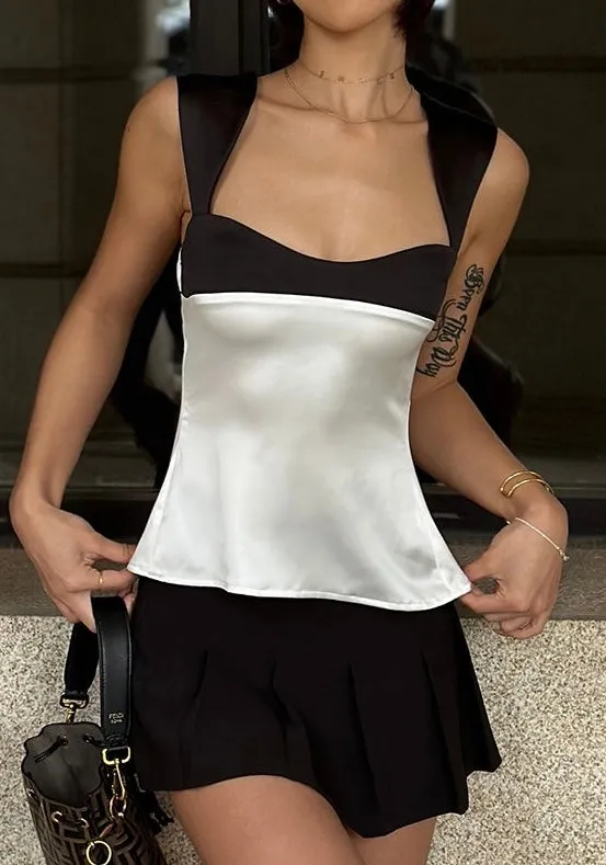 Solly French Black & White Paneled Satin Wide Shoulder Strap Slip Top