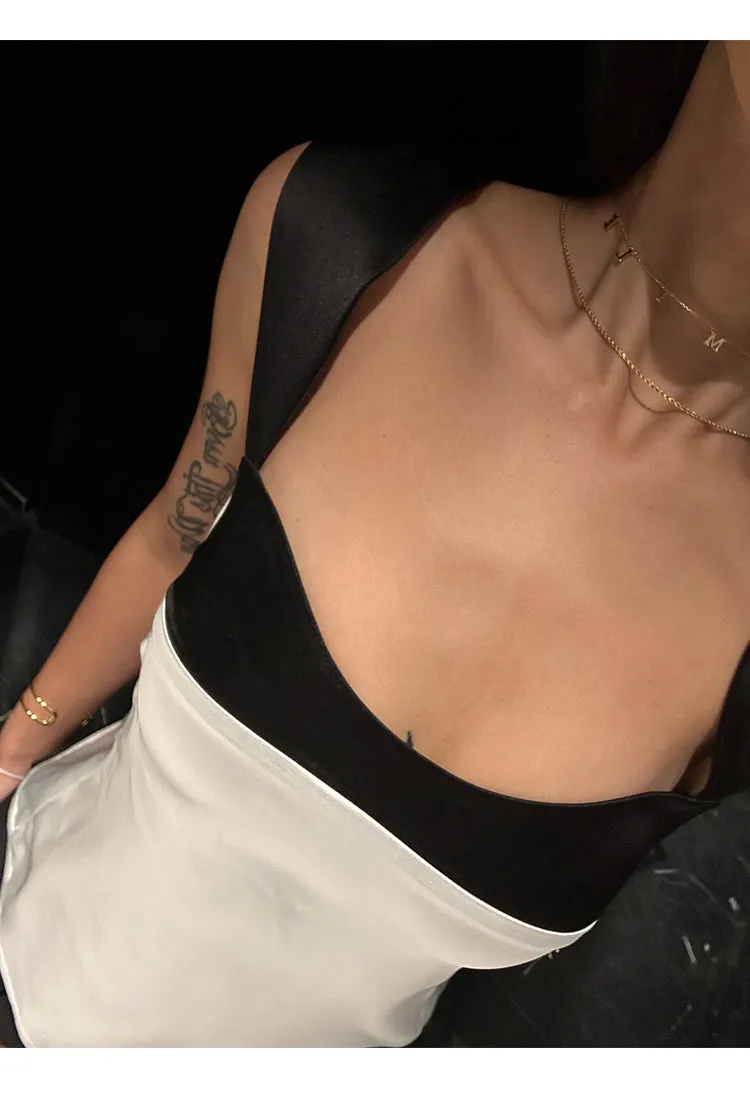 Solly French Black & White Paneled Satin Wide Shoulder Strap Slip Top