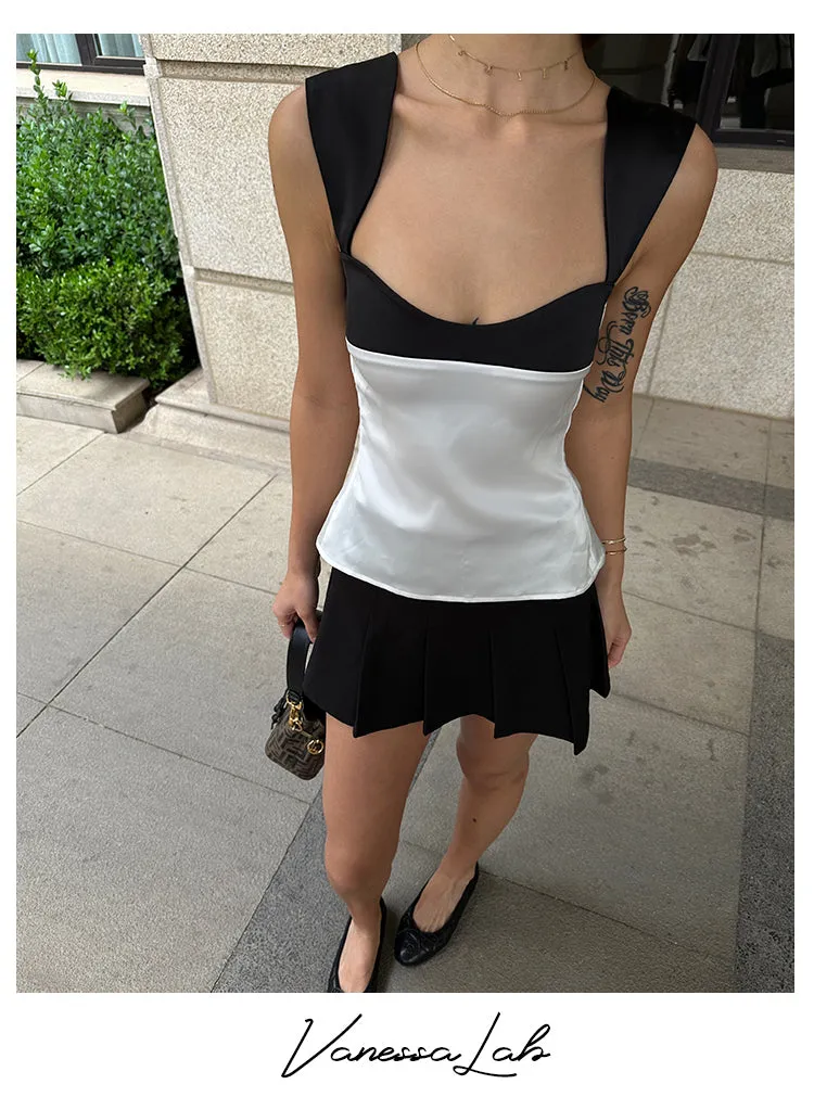 Solly French Black & White Paneled Satin Wide Shoulder Strap Slip Top