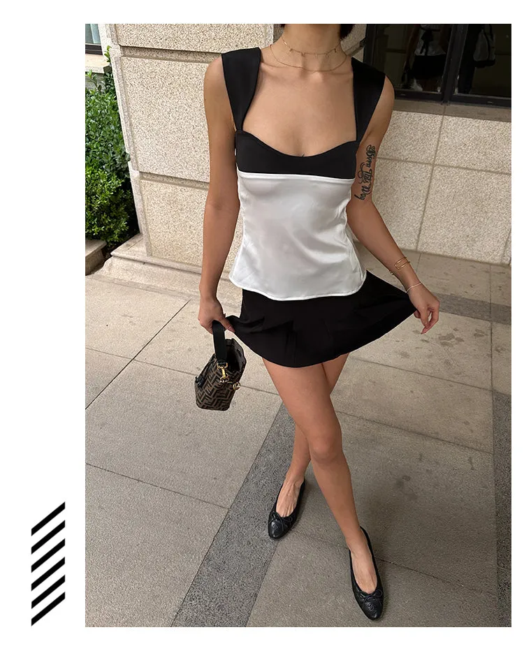 Solly French Black & White Paneled Satin Wide Shoulder Strap Slip Top