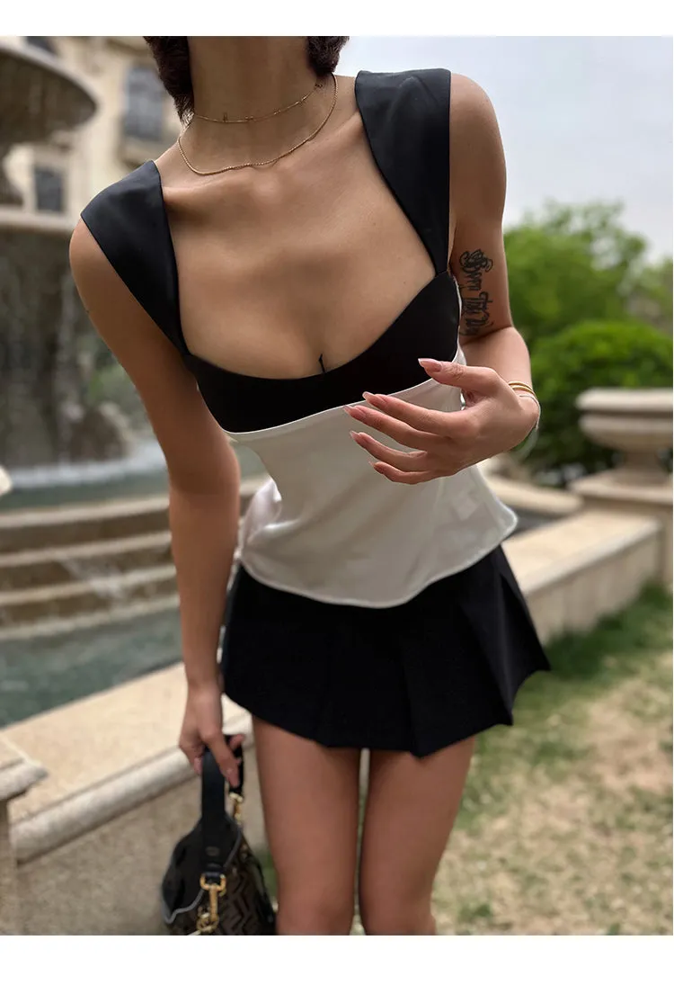 Solly French Black & White Paneled Satin Wide Shoulder Strap Slip Top