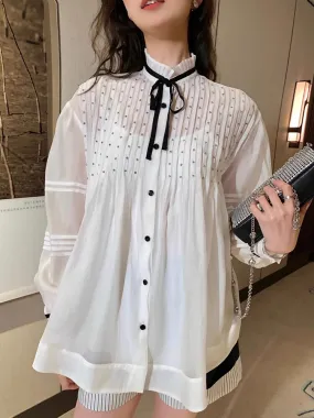 Stand Collar Puff Sleeve Loose Fit Blouse
