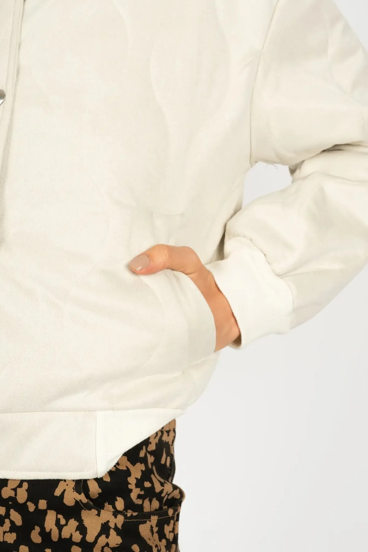Suede Quilted Bomber Jacket in Ecru