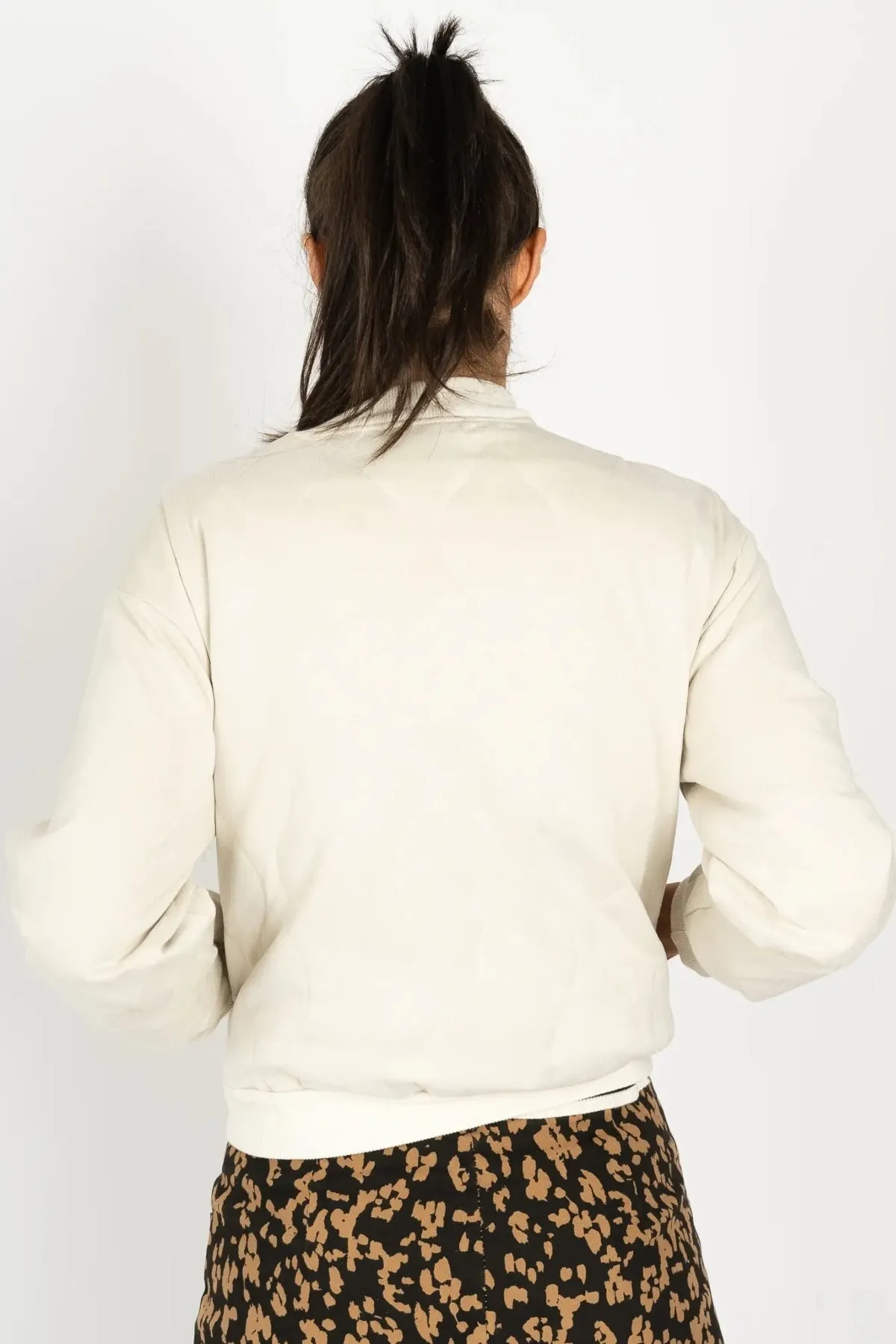 Suede Quilted Bomber Jacket in Ecru