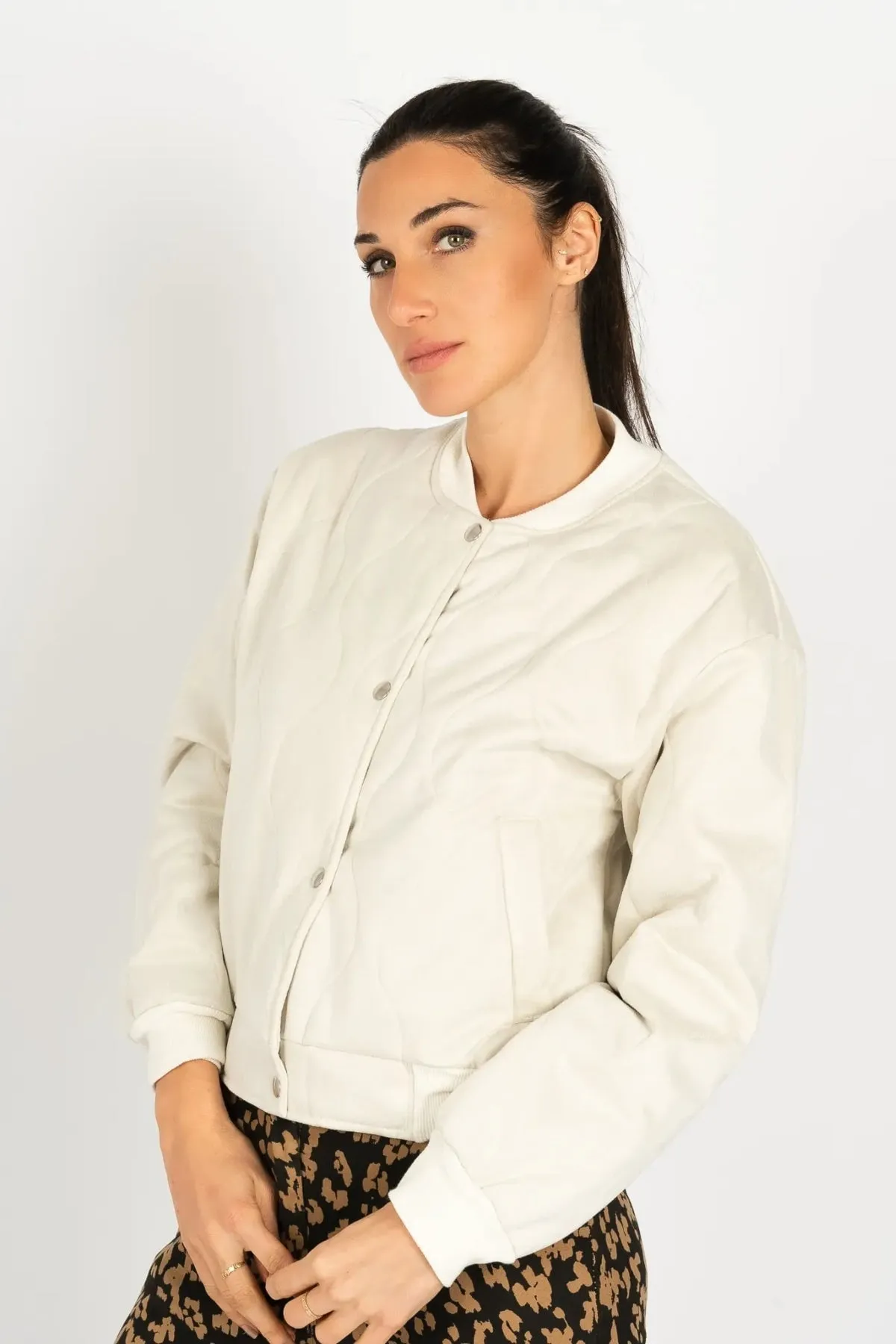 Suede Quilted Bomber Jacket in Ecru