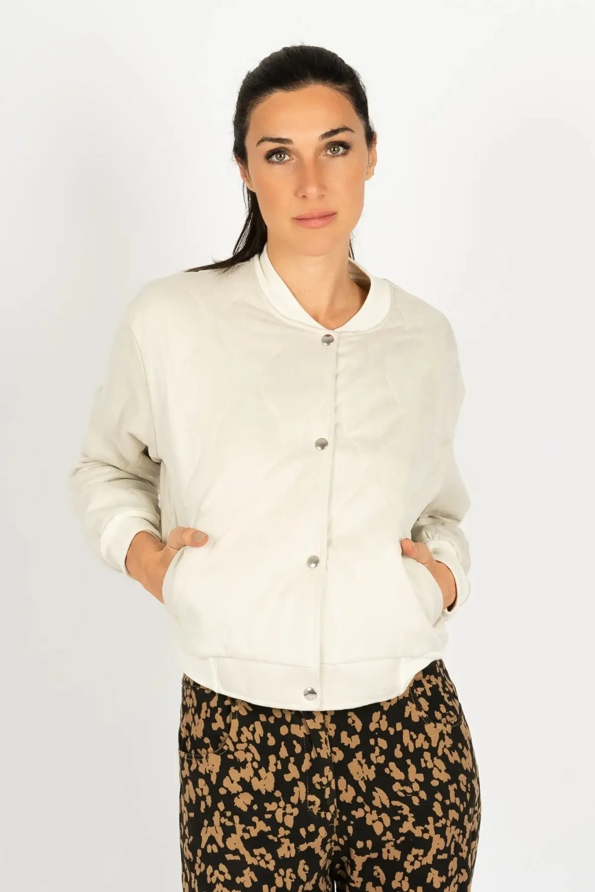 Suede Quilted Bomber Jacket in Ecru