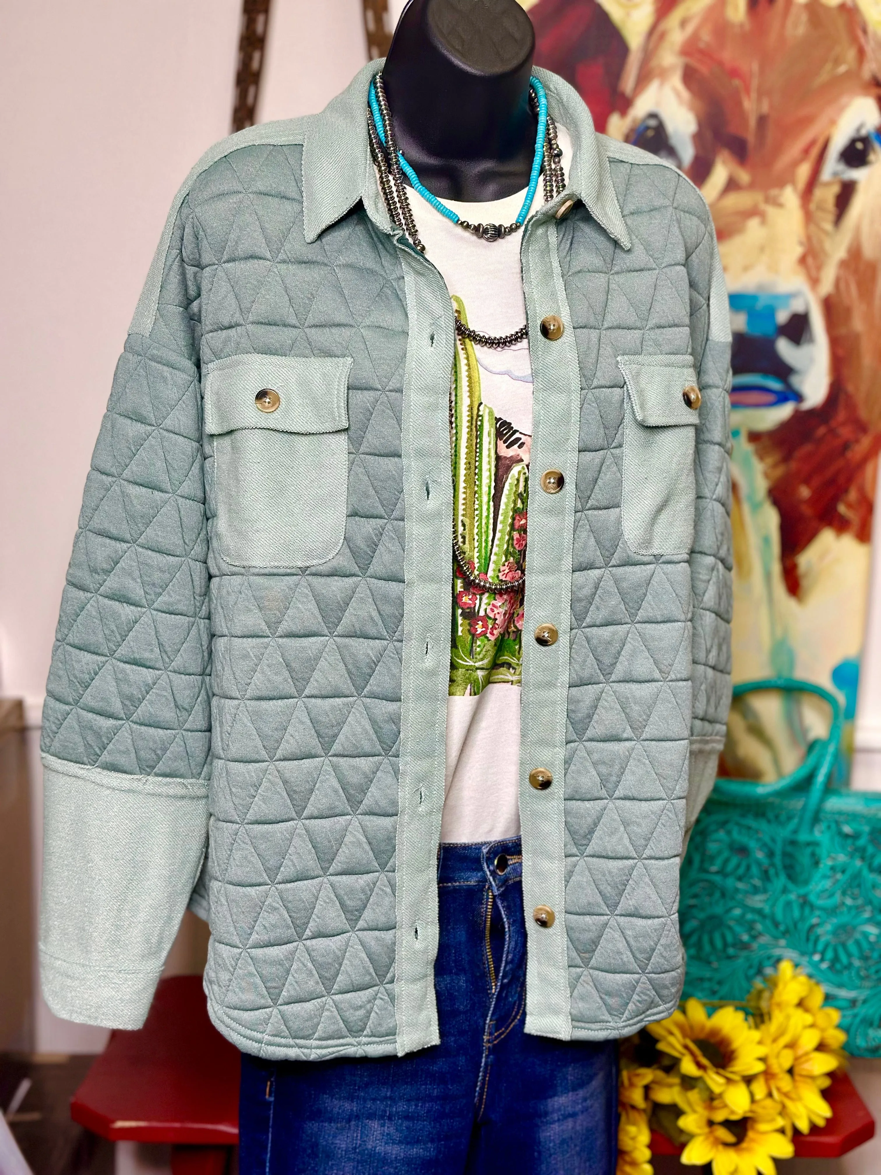 The Spring Mint Quilted Button Up Shacket