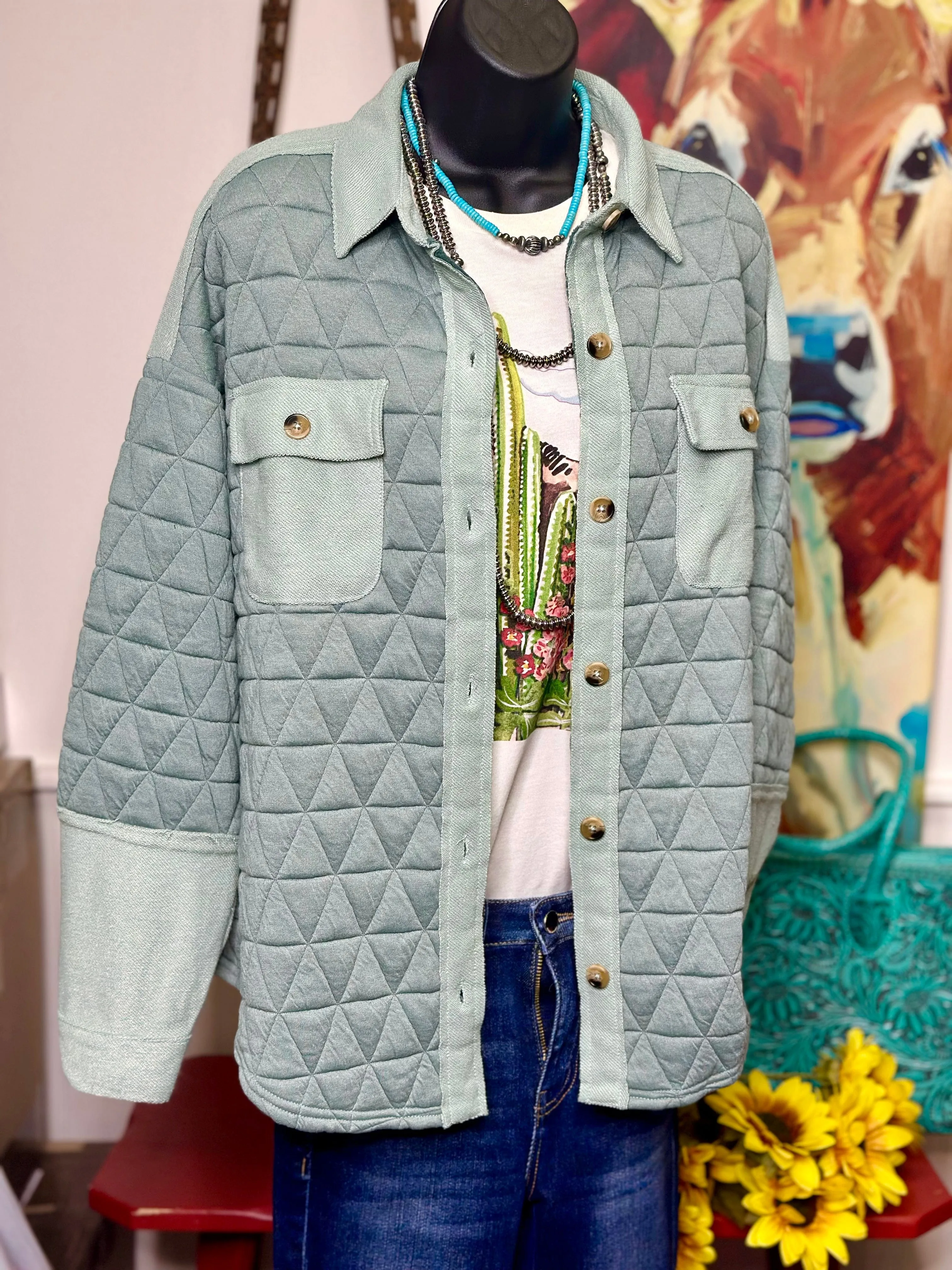 The Spring Mint Quilted Button Up Shacket