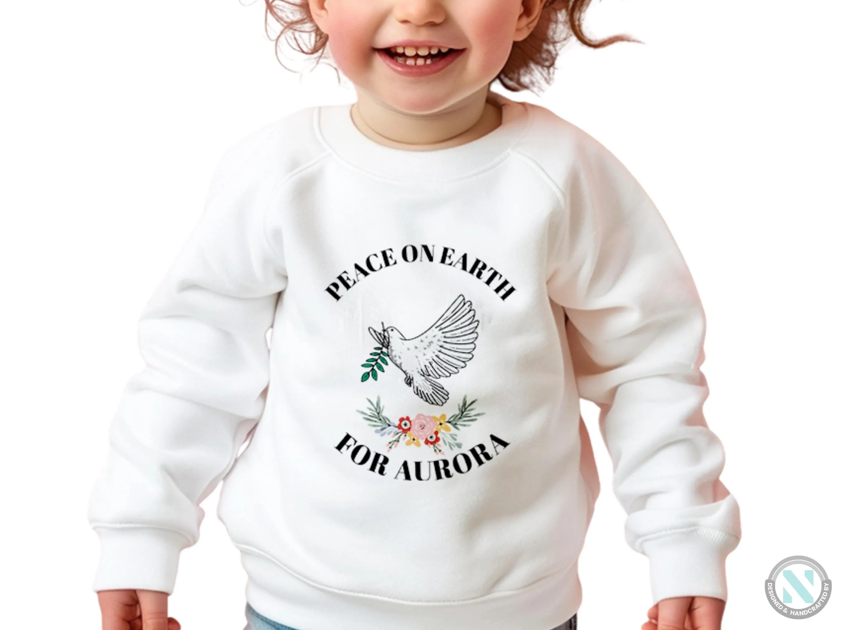 Toddler Girls Custom Name Sweatshirt with Peace on Earth Text for Girls