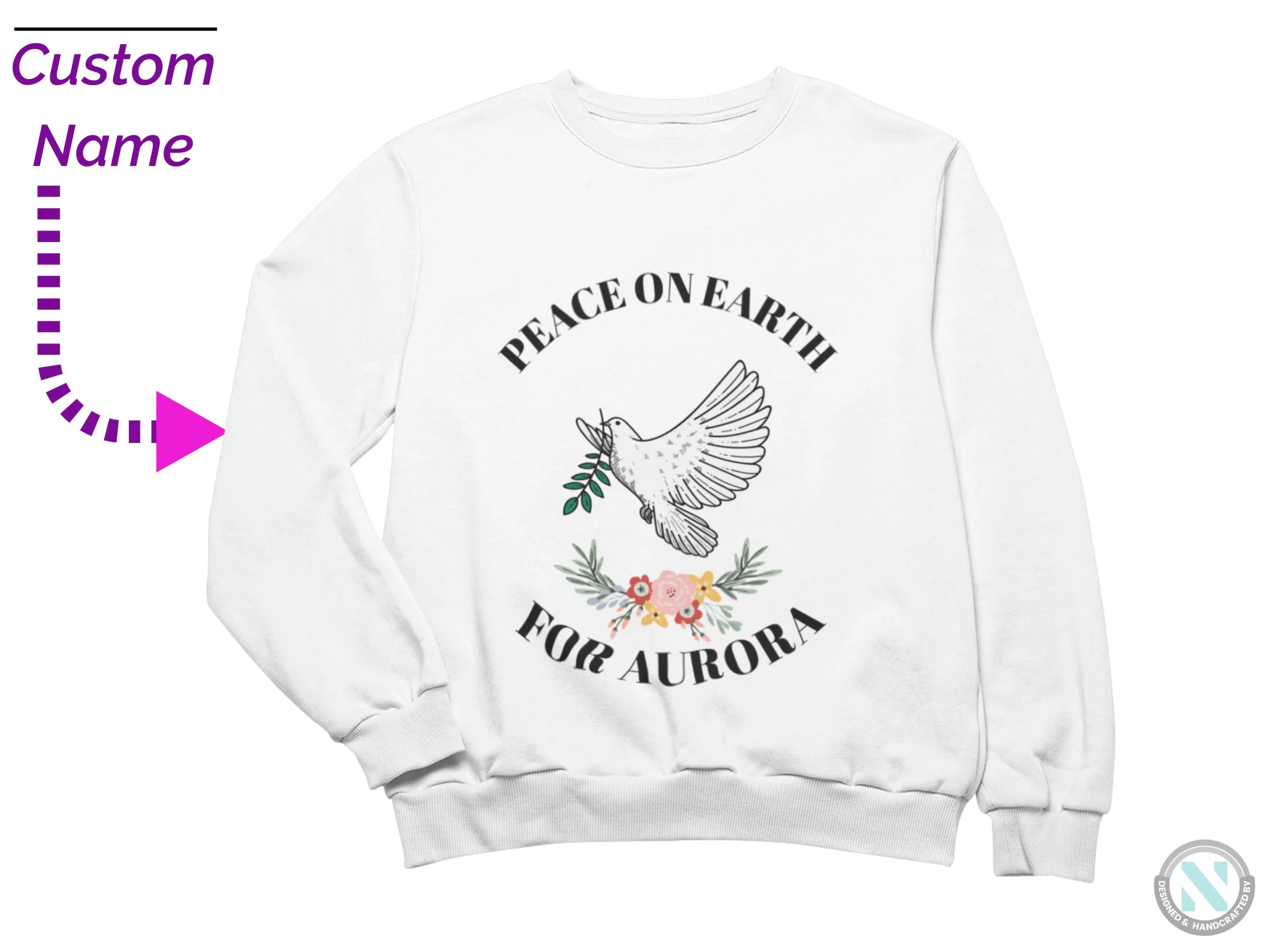 Toddler Girls Custom Name Sweatshirt with Peace on Earth Text for Girls