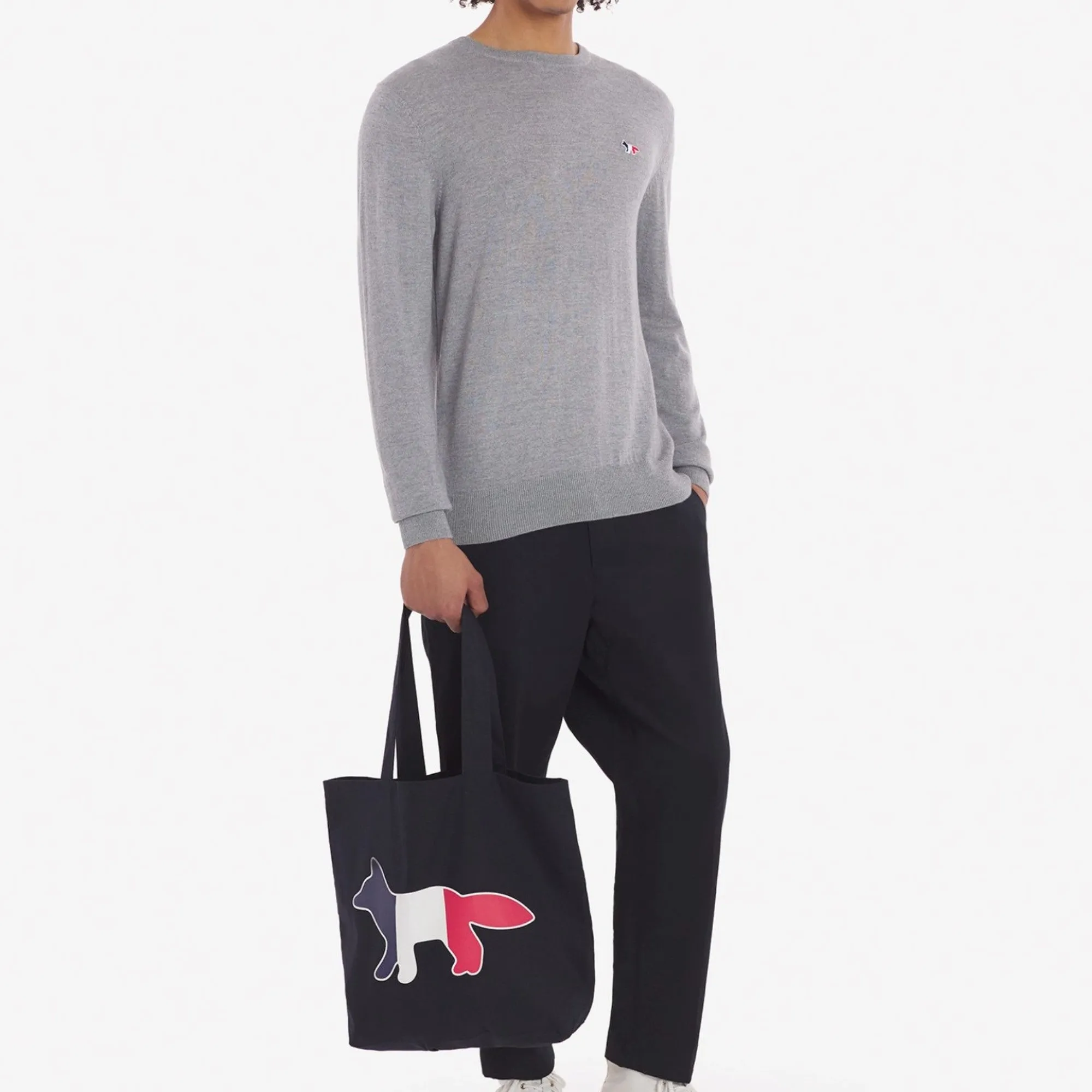 Unisex Tricolor Fox Patch Classic R-Neck Jumper - Grey Melange