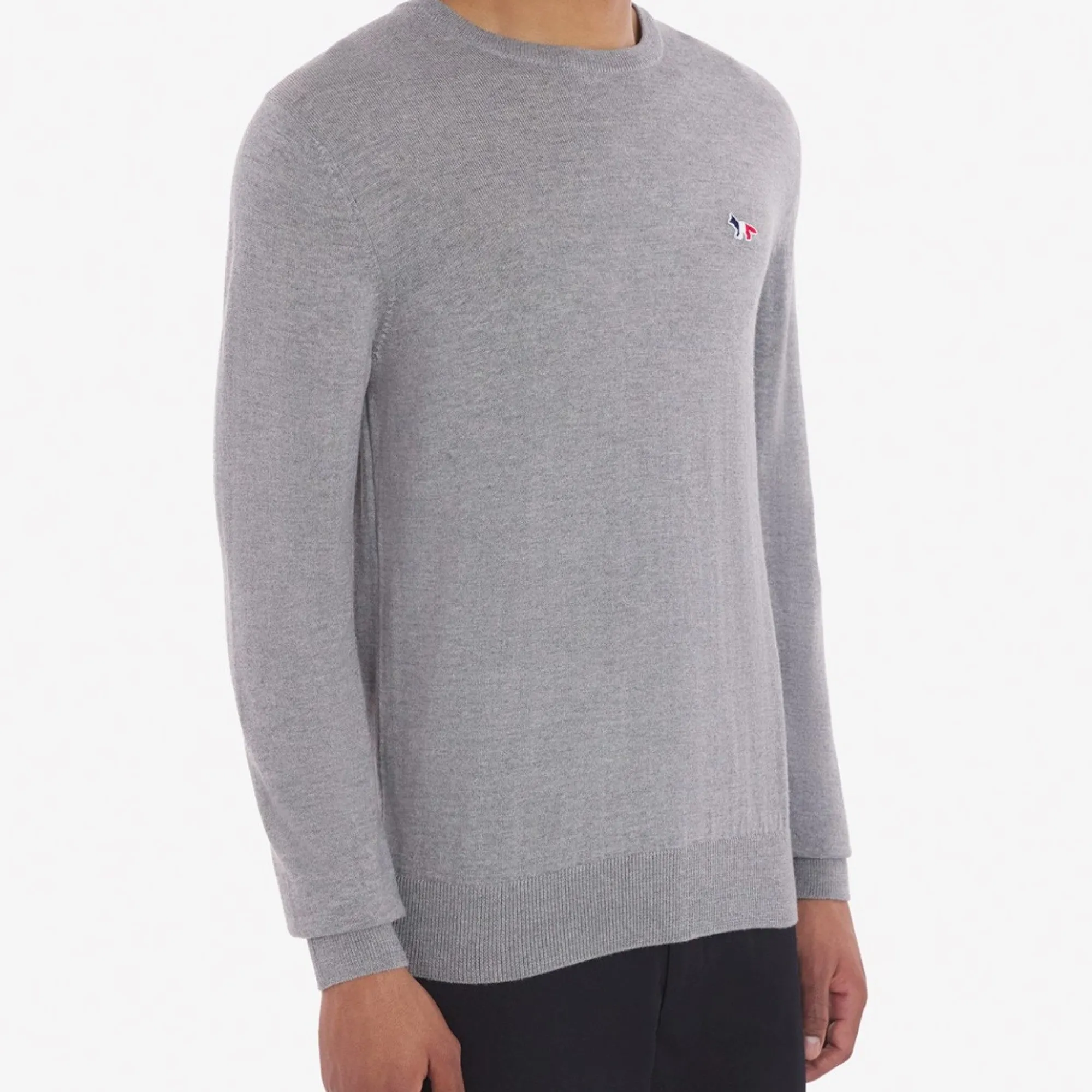 Unisex Tricolor Fox Patch Classic R-Neck Jumper - Grey Melange