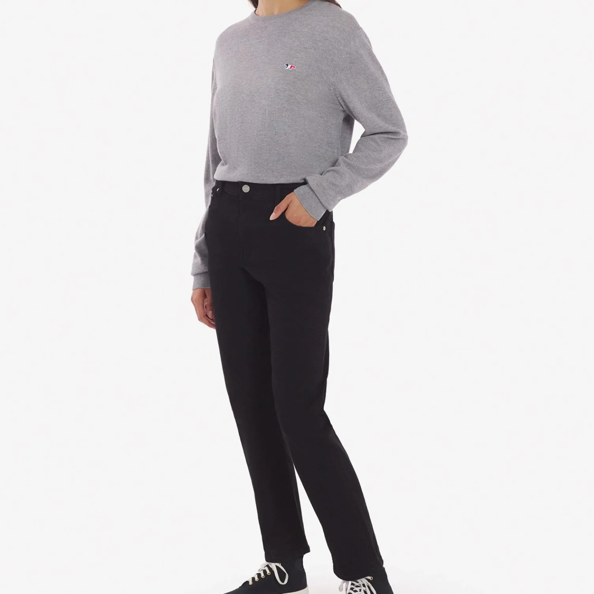 Unisex Tricolor Fox Patch Classic R-Neck Jumper - Grey Melange