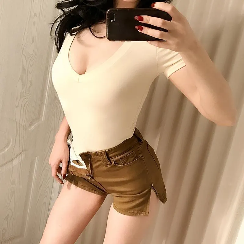 V-Neck Bodysuit  Women Jumpsuit  Short Sleeved