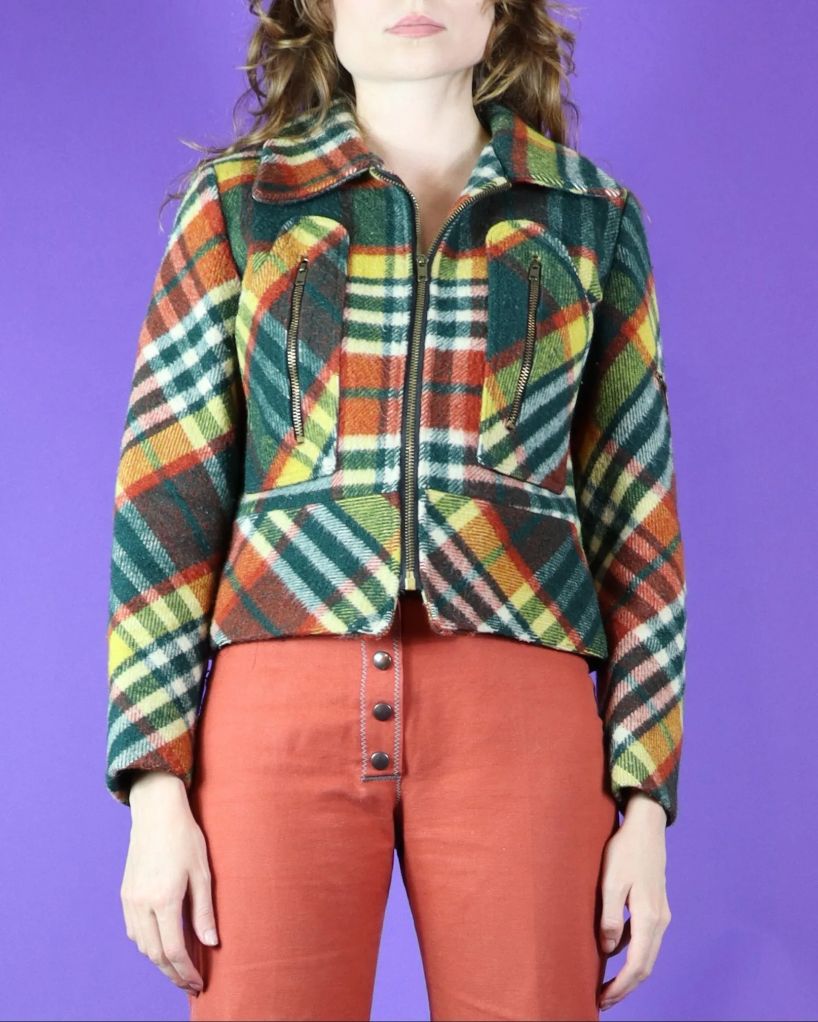 Vintage 1970s Plaid Gingham Wool Jacket Glam Rock