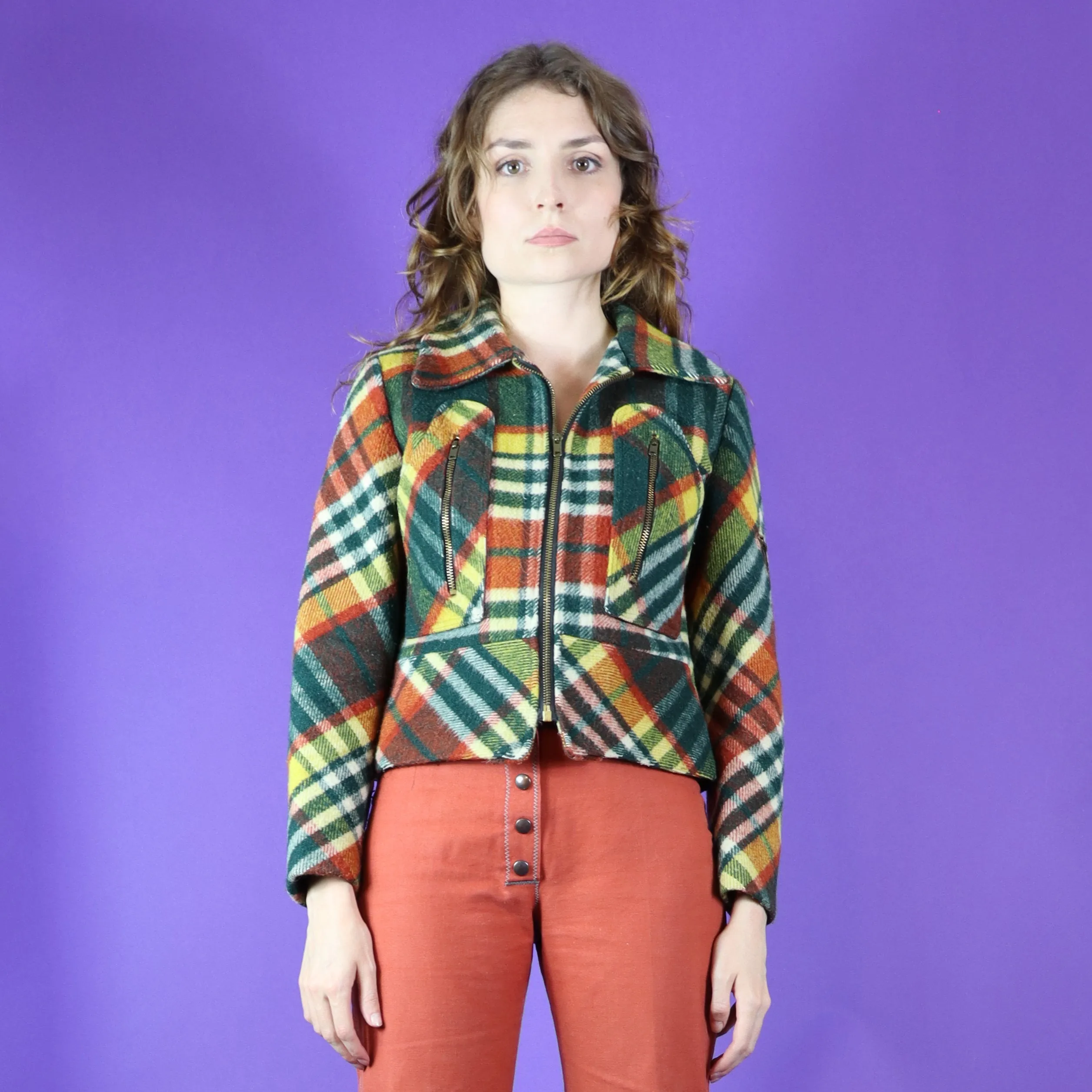 Vintage 1970s Plaid Gingham Wool Jacket Glam Rock