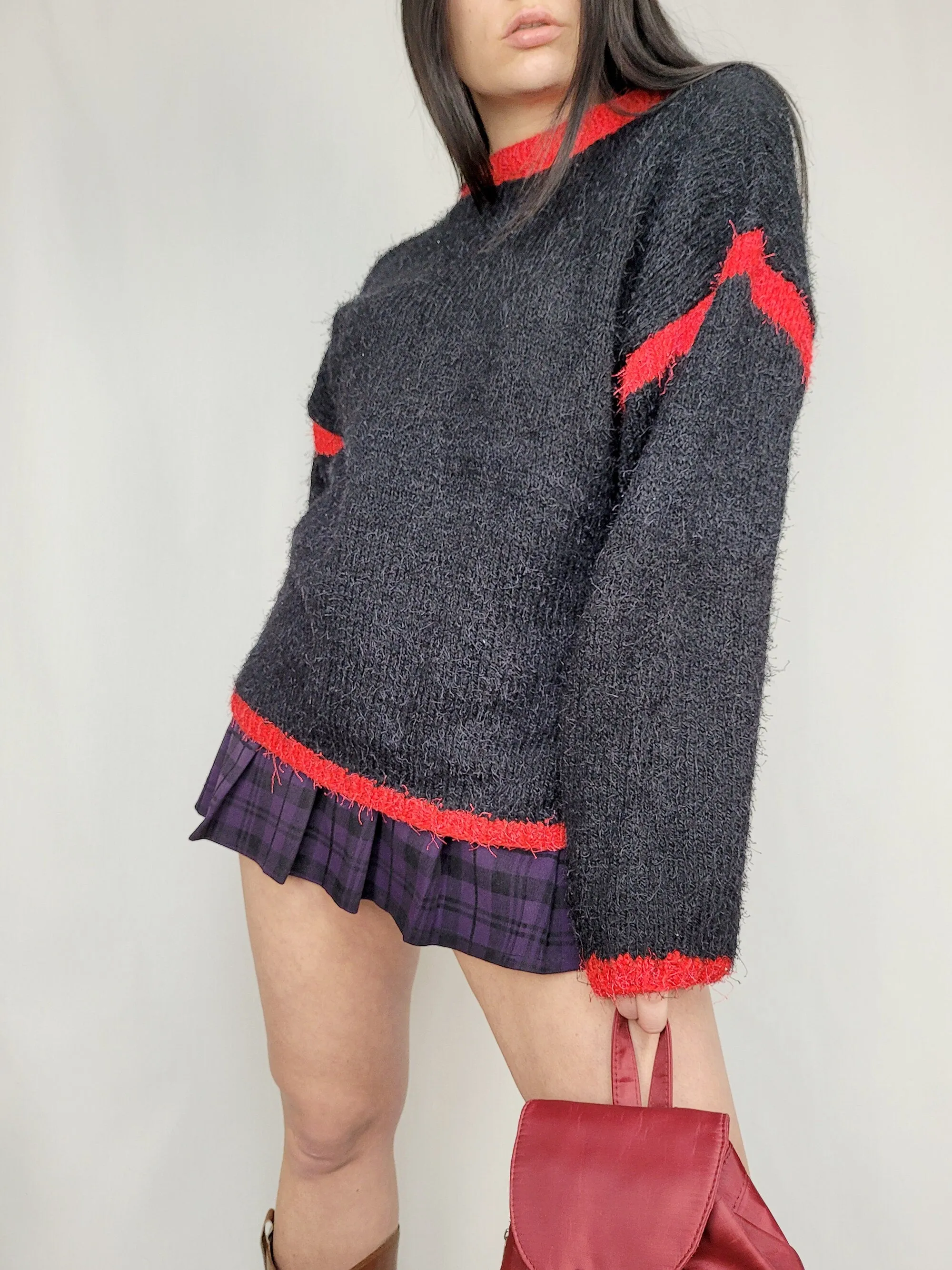 Vintage 90s black minimalist furry handmade jumper top