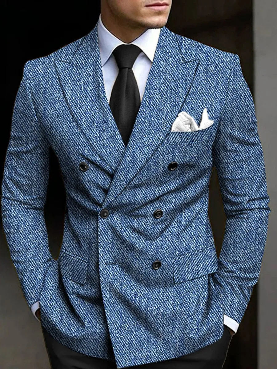Vintage Denim Textured Printed Lapel Multi-Pocket Double Breasted Blazer