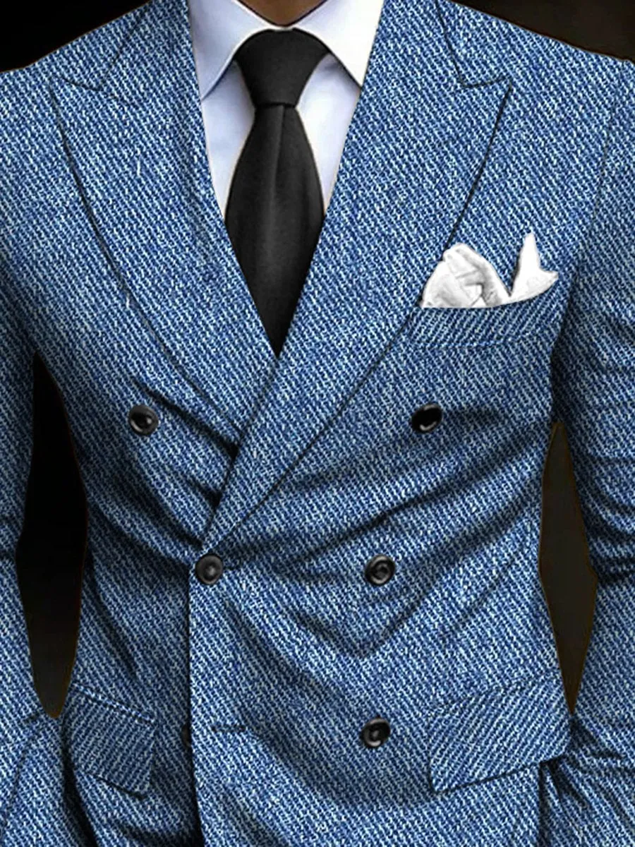 Vintage Denim Textured Printed Lapel Multi-Pocket Double Breasted Blazer