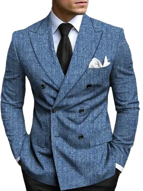 Vintage Denim Textured Printed Lapel Multi-Pocket Double Breasted Blazer