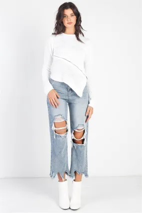 White Knit Asymmetrical Hem Zip Detail Sweater /4-2