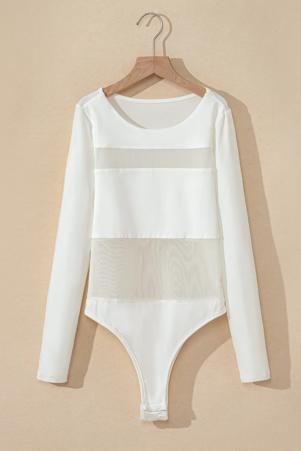 White Mesh Patchwork Long Sleeve Bodysuit