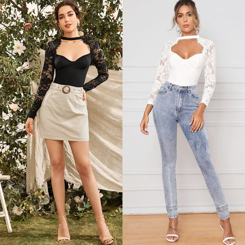 Women Long Sleeve Mesh Backless Bodysuit