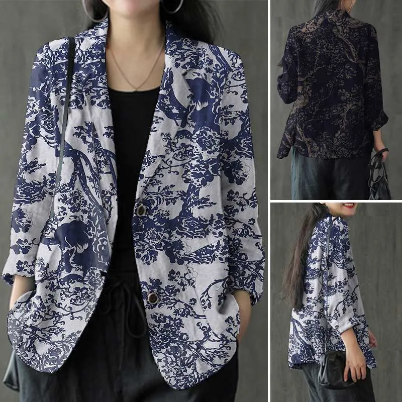 Women's Cotton Linen Print Pocket Blazer