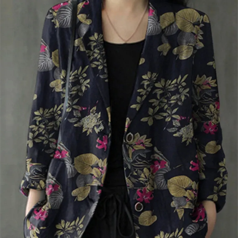 Women's Cotton Linen Print Pocket Blazer