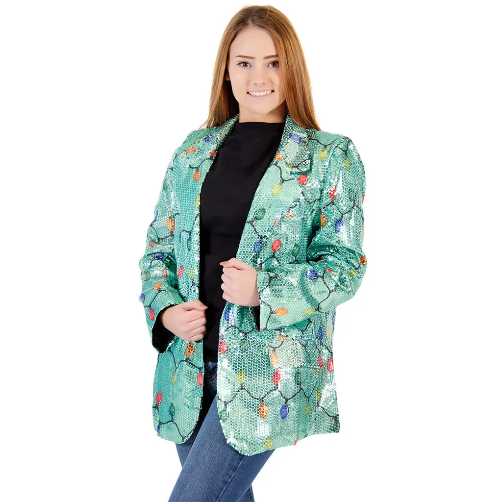 Women's Sequin Blazer - Xmas Lights for Festive Fun