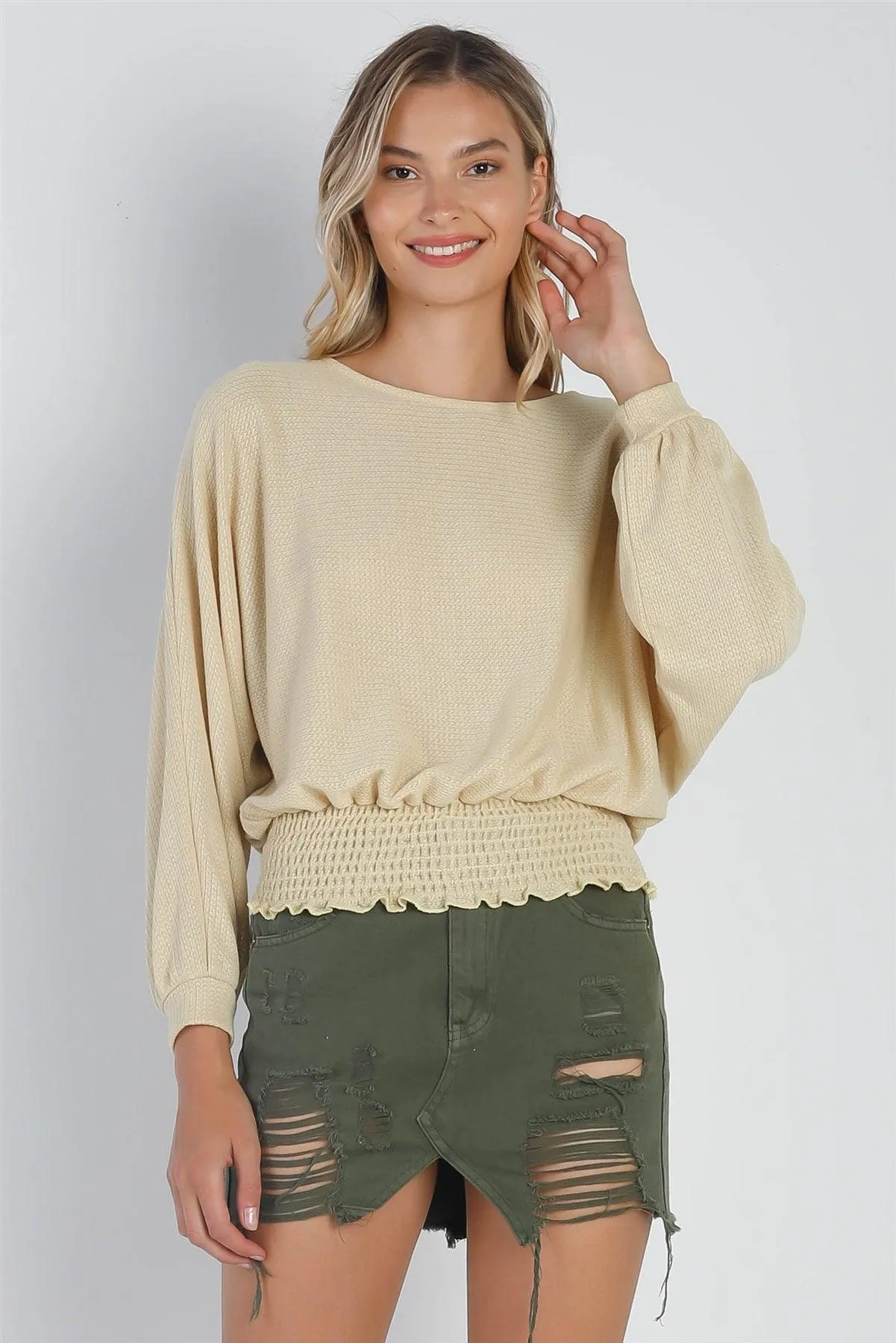 Yellow Waffle Knit Long Sleeve Smocked Hem Top /2-2-2