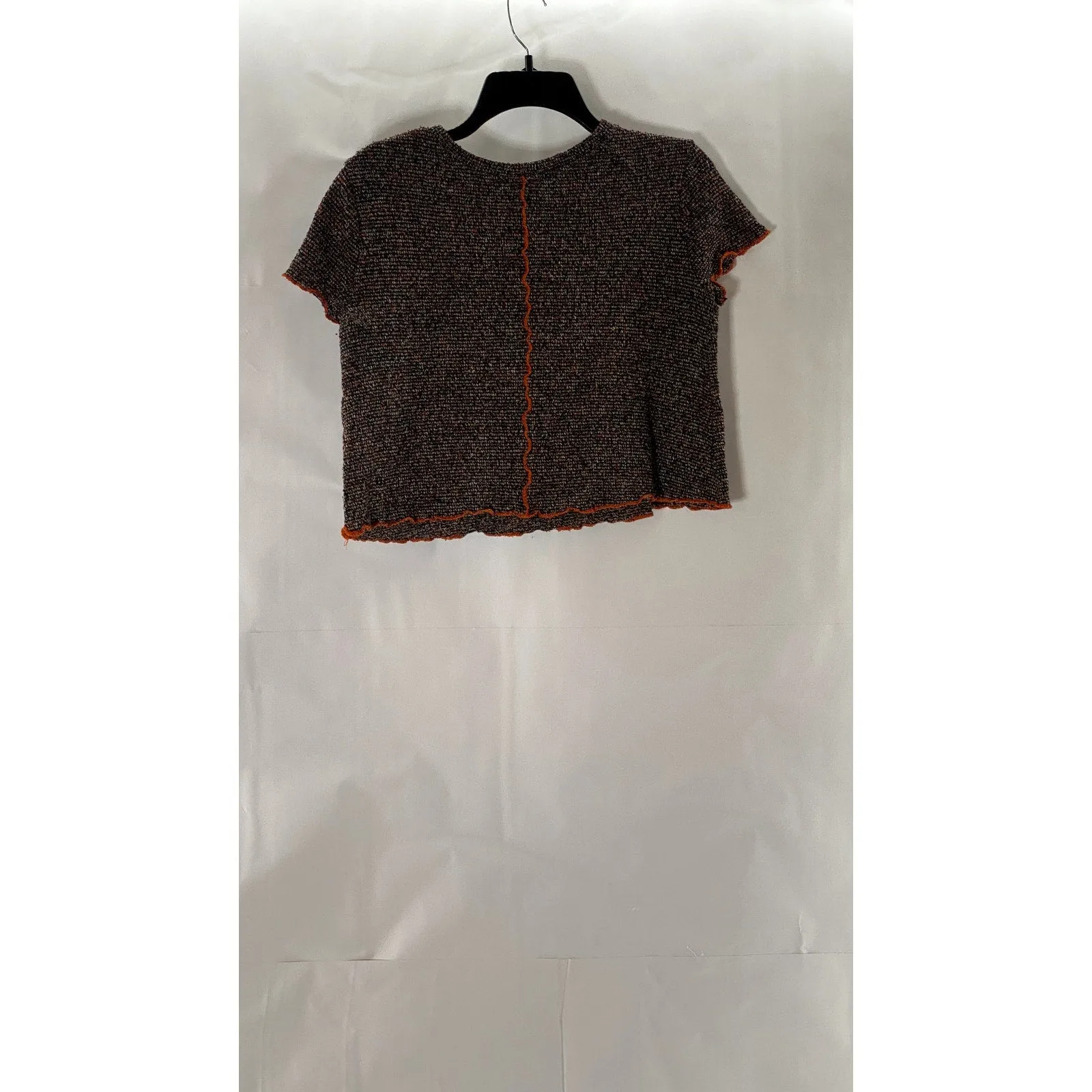 ZARA TRAFALUC Women's Brown/Orange Overstitch Lettuce-Trim Knit Crop Top SZ S