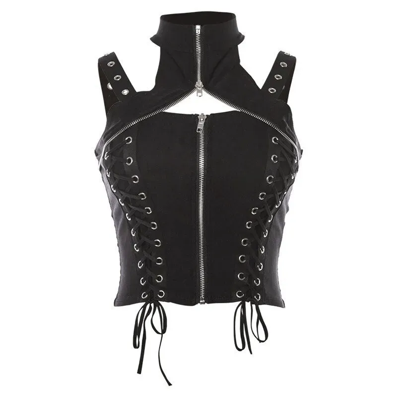 Zip Detail Polo Neck Corset Top