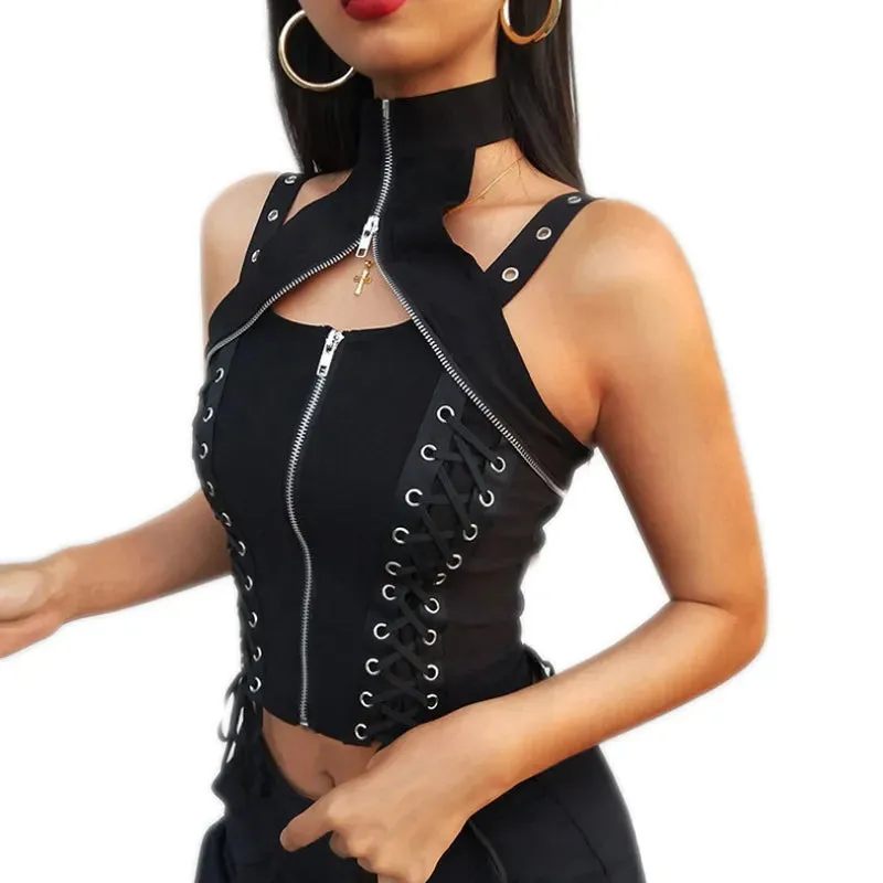 Zip Detail Polo Neck Corset Top